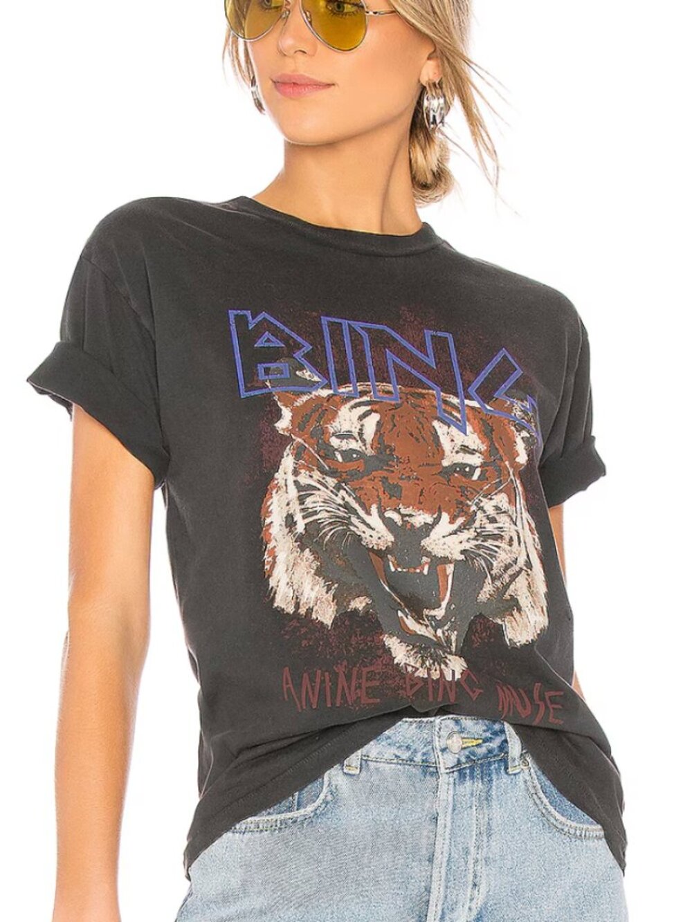 Anine Bing Black Tee with Blue Logo and Brown Tiger Graphic